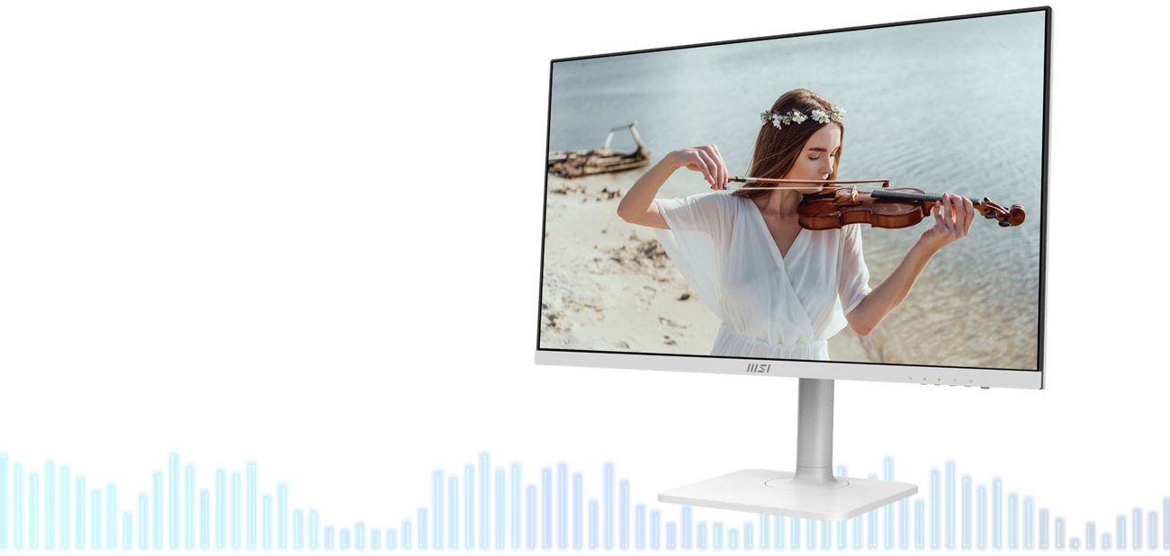 A monitor has a poster of a woman playing violin